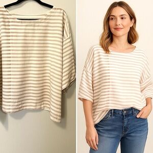 Pure Jill Linen Stripe Popover Drop Shoulder Blouse Cream Beachy Coastal Boho Lg